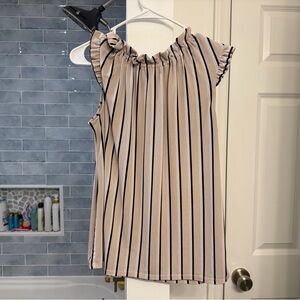 Adrianna Papell Beige and Black Striped Ruffle Blouse